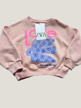ZARA Pink Sweatshirt with Blue Floral Bird Graphic